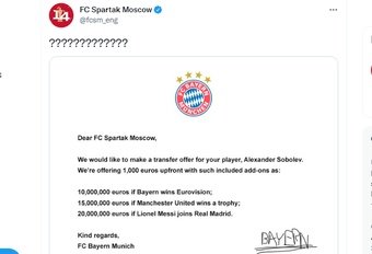 El Spartak se rio del Bayern en sus redes. Captura/Twitter/fcsm_eng