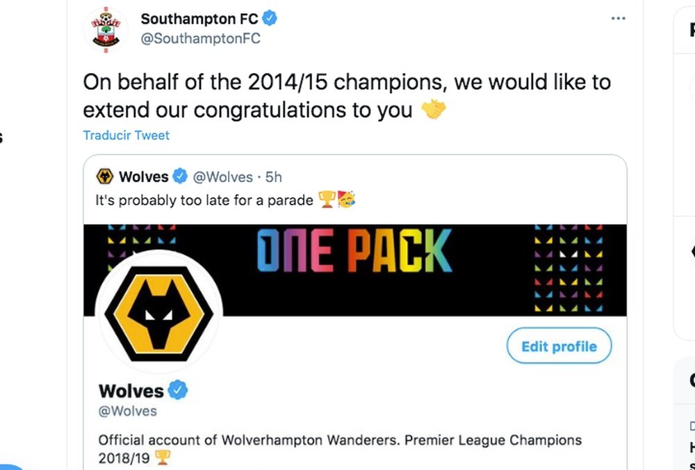 Southampton and Wolves won the Premier League. Screenshot/Twitter/SouthamptonFC