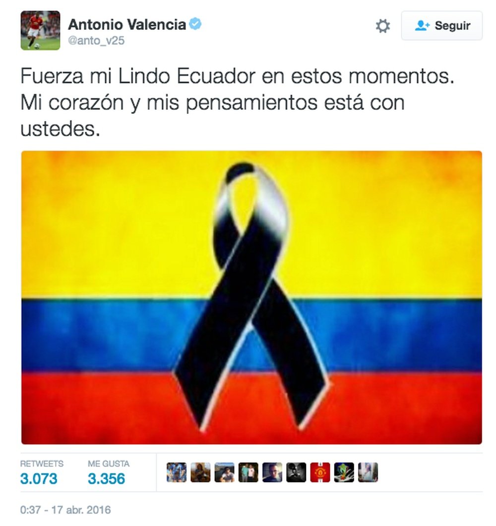 Antonio Valencia fue uno de los primeros en mostrar sus condolencias por Ecuador. Twitter @anto_v25