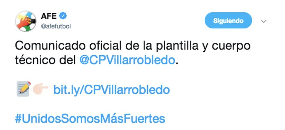 La AFE, muy pendiente del caso del Villarrobledo. Twitter/afefutbol