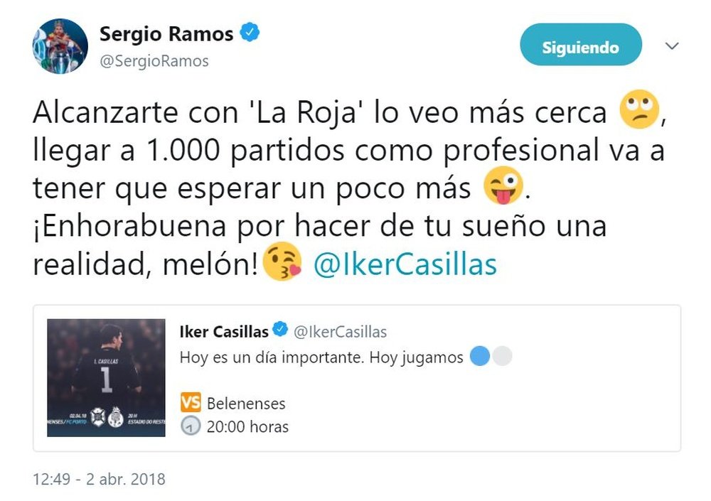 Ramos acecha el récord de Casillas con la Selección Española. Twitter