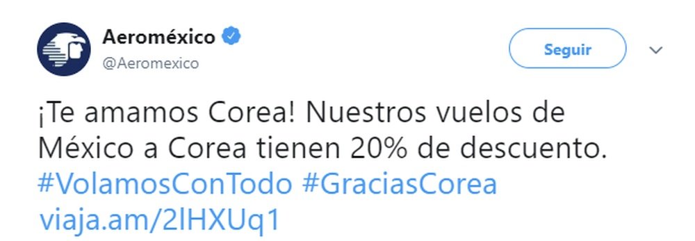 El triunfo de Corea ha sido muy celebrado en México. Twitter/aeromexico