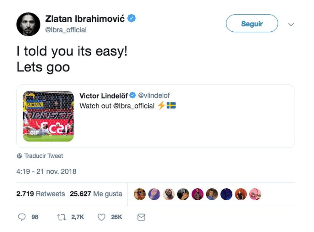 Ibrahimovic recogió el testigo de Lindelöf. Twitter