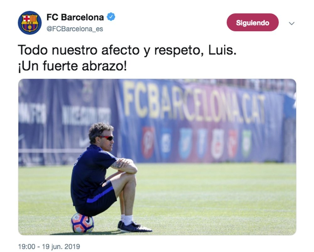 Tweet du FC Barcelone apportant son soutien à Luis Enrique. Twitter/FCBarcelona_es