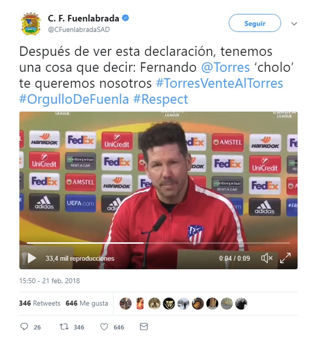 El Fuenlabrada ofreció un hueco en su plantilla a Torres. Twitter/CFuenlabradaSAD