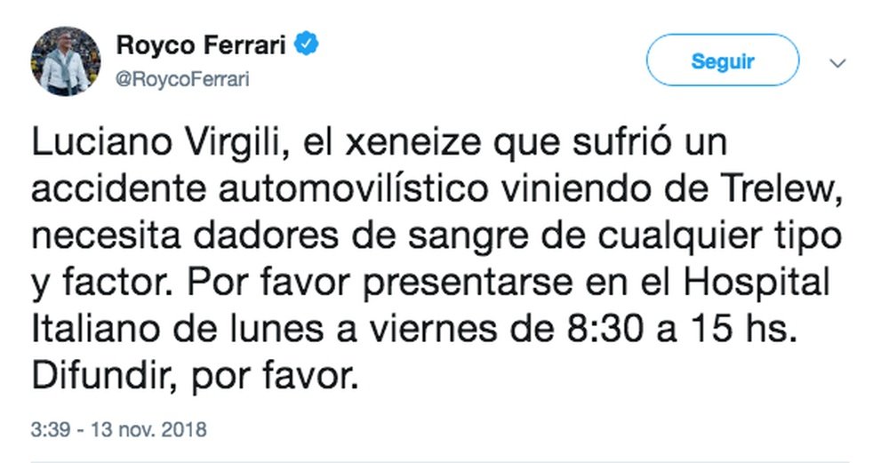 Ferrari pidió ayudo a través de Twitter. Twitter/RoycoFerarri