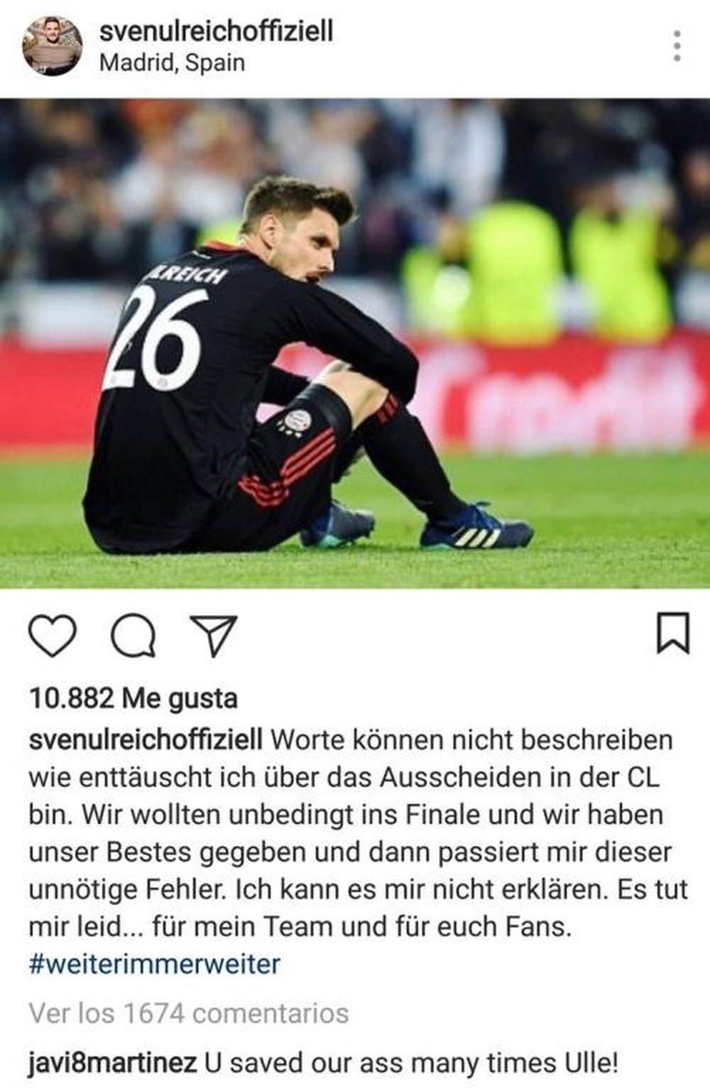 Ulreich demande pardon aux supporters. Instagram/Ulreich