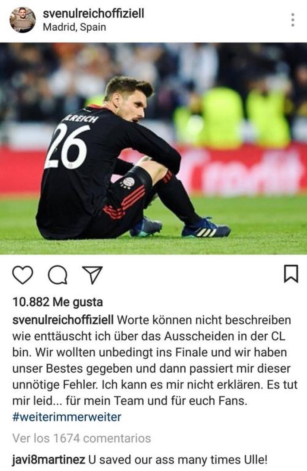 Ulreich pidió disculpas a los hinchas a través de sus redes. Instagram/Ulreich