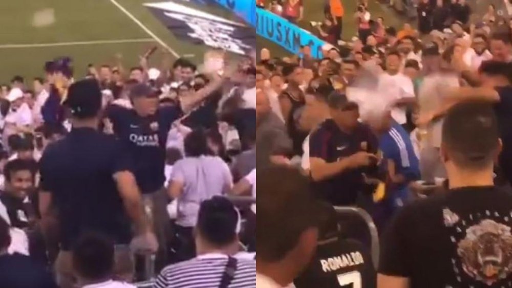 Adepto do Barcelona provoca e os do Real Madrid reagiram. Capturas/melissaOrtiz
