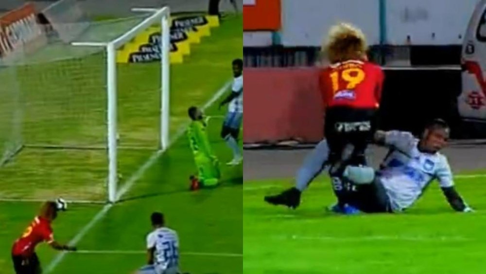 Becerra hizo el gol con un compañero en el suelo. Captura/GolTV