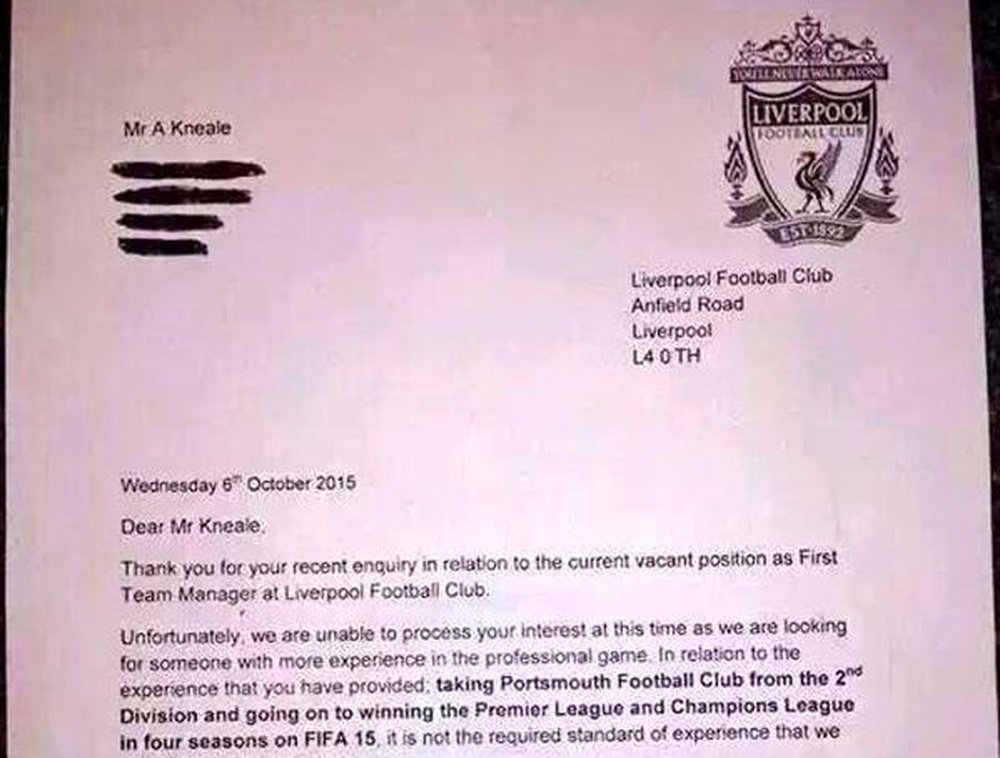 El Liverpool ha tenido la gran amabilidad de responder por carta al candidato. Twitter