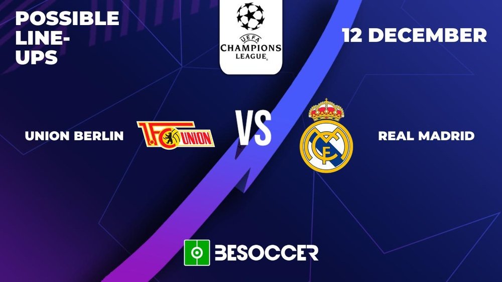 Union Berlin v Madrid, Champions League 2023/24, group C, 12/12/2023, possible lineups. BeSoccer