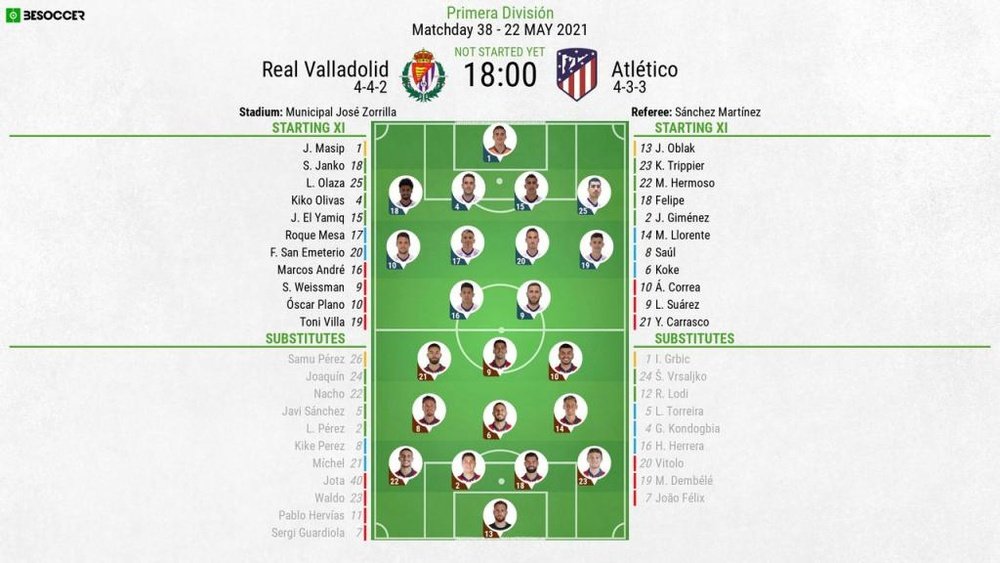 Valladolid v Atletico Madrid, La Liga 2020/21, matchday 38, 22/5/2021 - Official line-ups. BESOCCER
