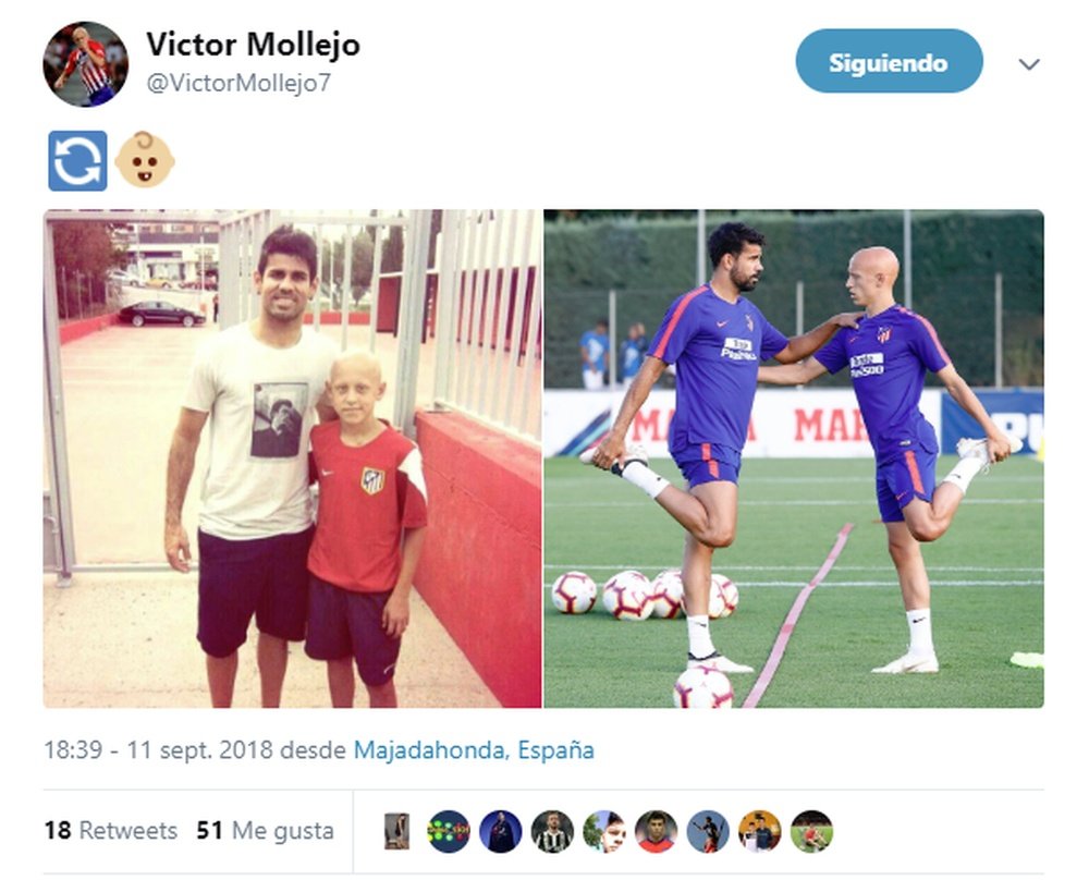 Mollejo recordó una tierna foto junto a Diego Costa. Twitter/VictorMollejo7