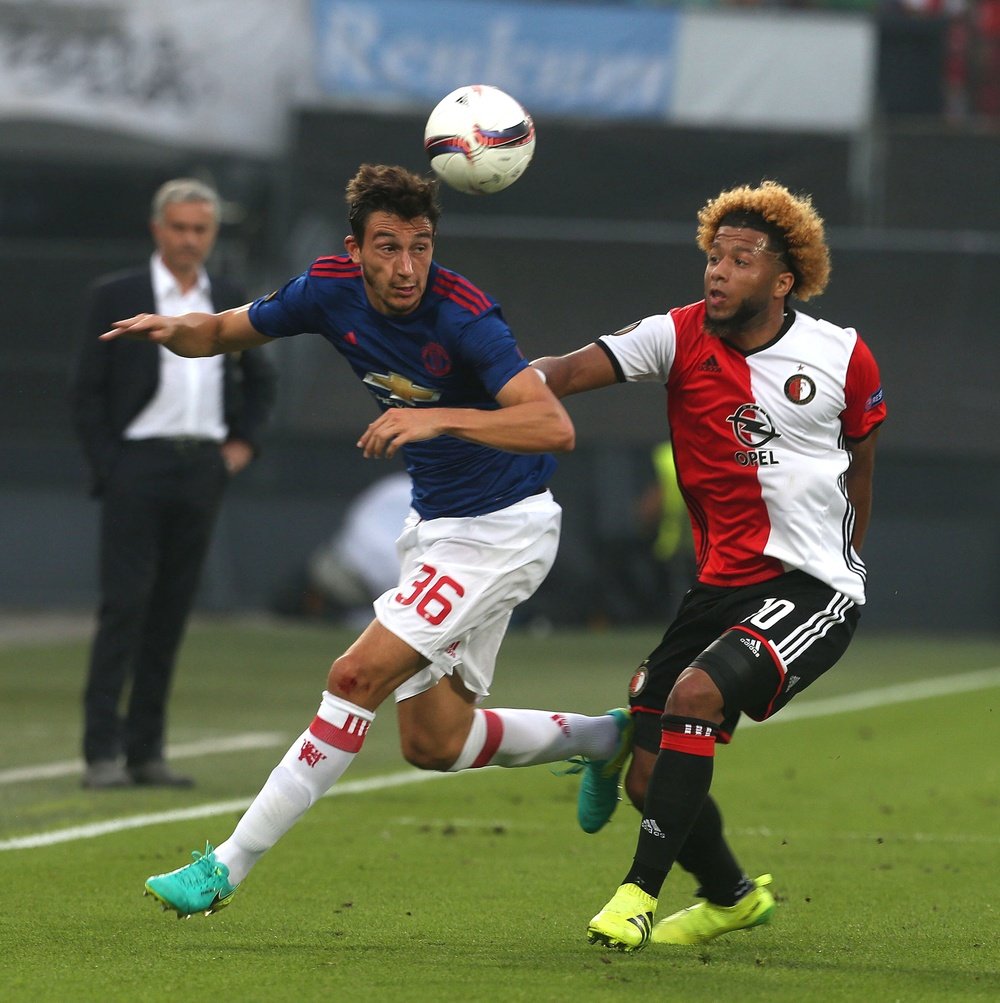 Vilhena (R) scored the all important goal to defeat United. ManUtd