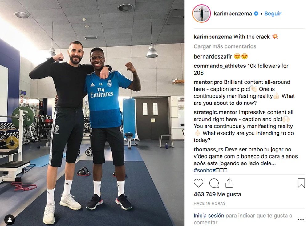 Vinicius e Benzema treinaram no ginásio. Instagram/KarimBenzema