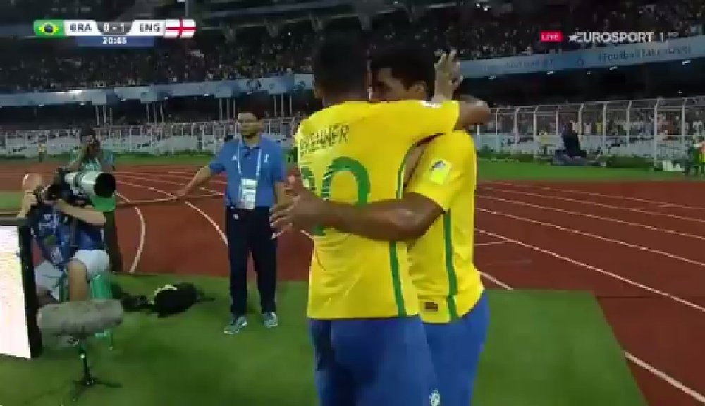 Wesley equalised for Brazil against England. Twitter/Eurosport