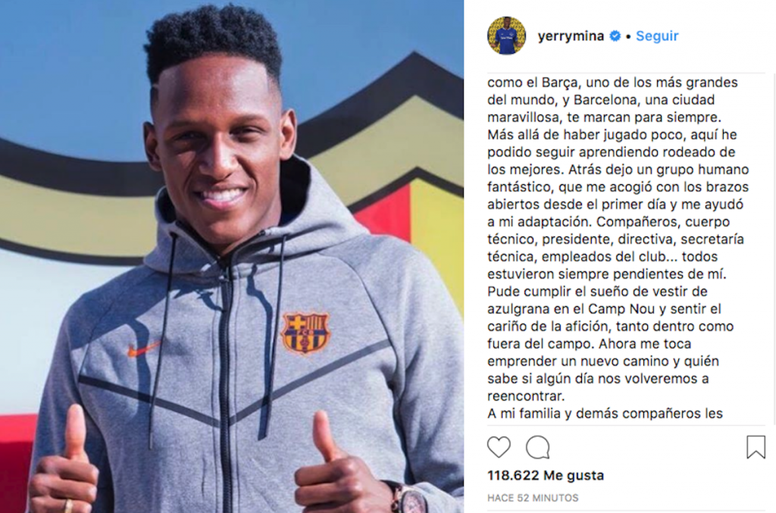 Yerry Mina se despidiÃ³ del BarÃ§a. Instagram/yerrymina