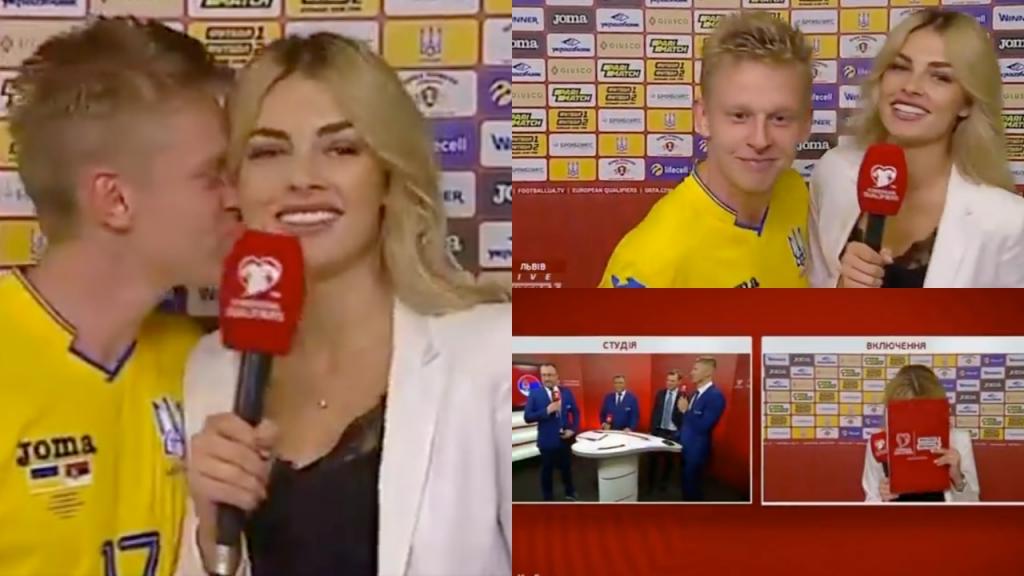 Zinchenko makes journalist blush after kissing her on air