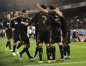 Los jugadores del Real Madrid celebrando el primer gol, Real Sociedad vs Real Madrid
