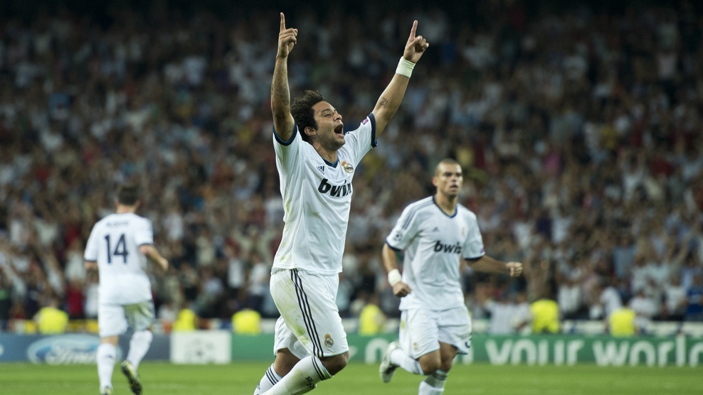 Marcelo celebra su gol ante el Manchester City