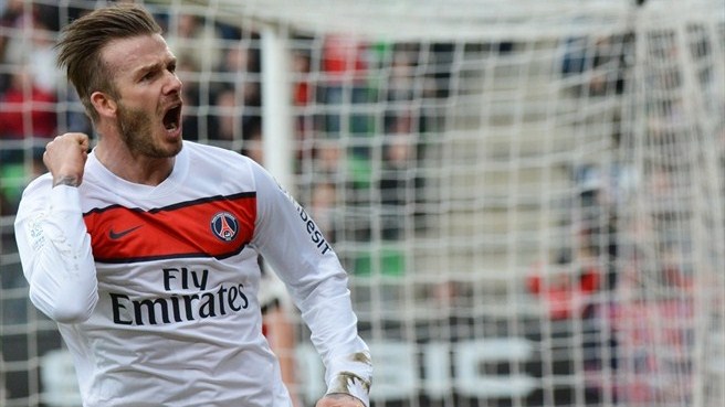 Beckham celebra uno de los goles del PSG ante el Rennes
