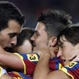 los jugadores del Barça celebran el gol  de Villa