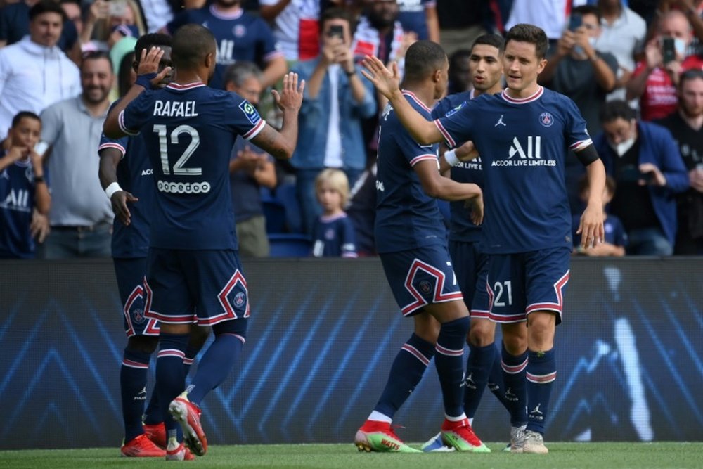 Ander Herrera (R) scored as PSG beat Clermont 4-0. AFP