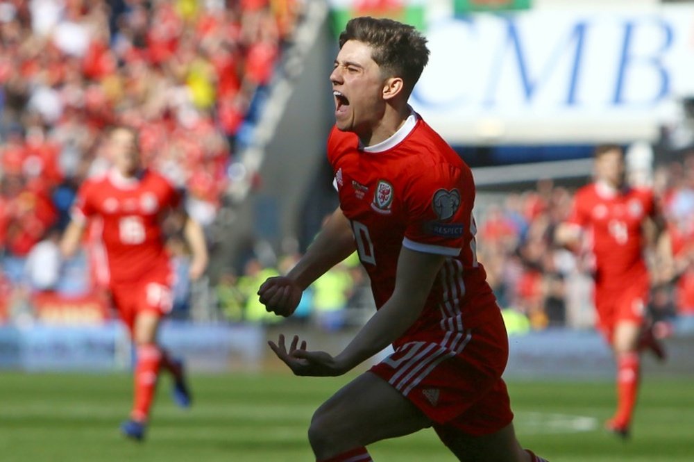 Daniel James after scoring the crucial goal for Wales. AFP