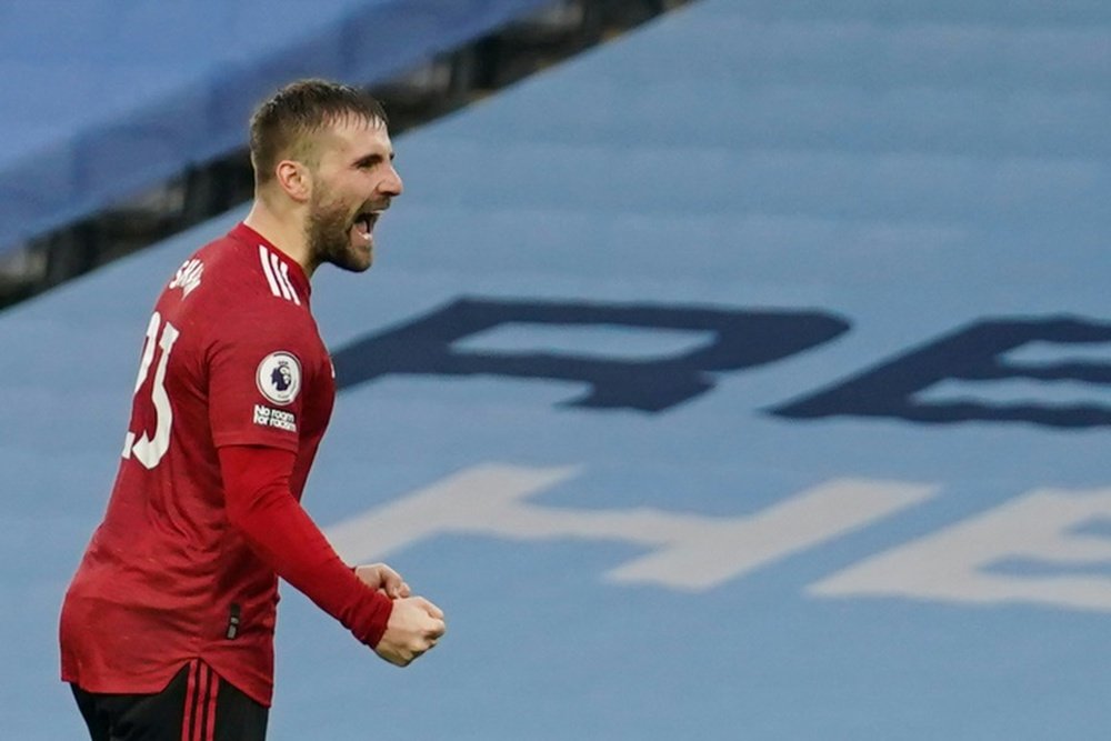 Luke Shaw scored in Man Utd's 0-2 victory at Man City. AFP