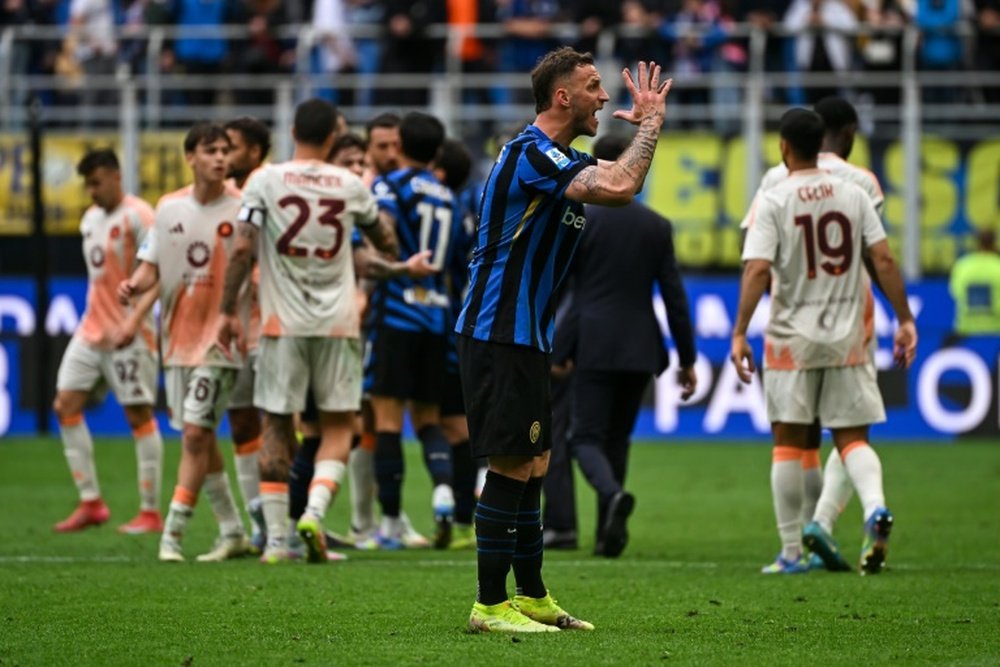 Arnautovic is unable to hide his frustration after Inter Milan went down 1-0 at home to Roma. AFP