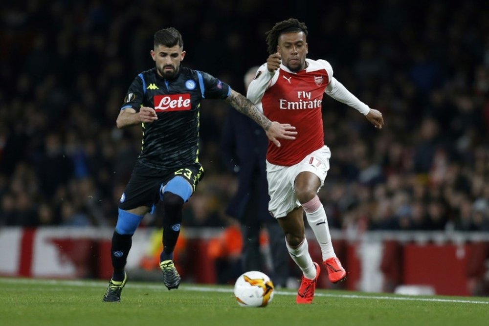 Alex Iwobi playing for Arsenal against Napoli. AFP