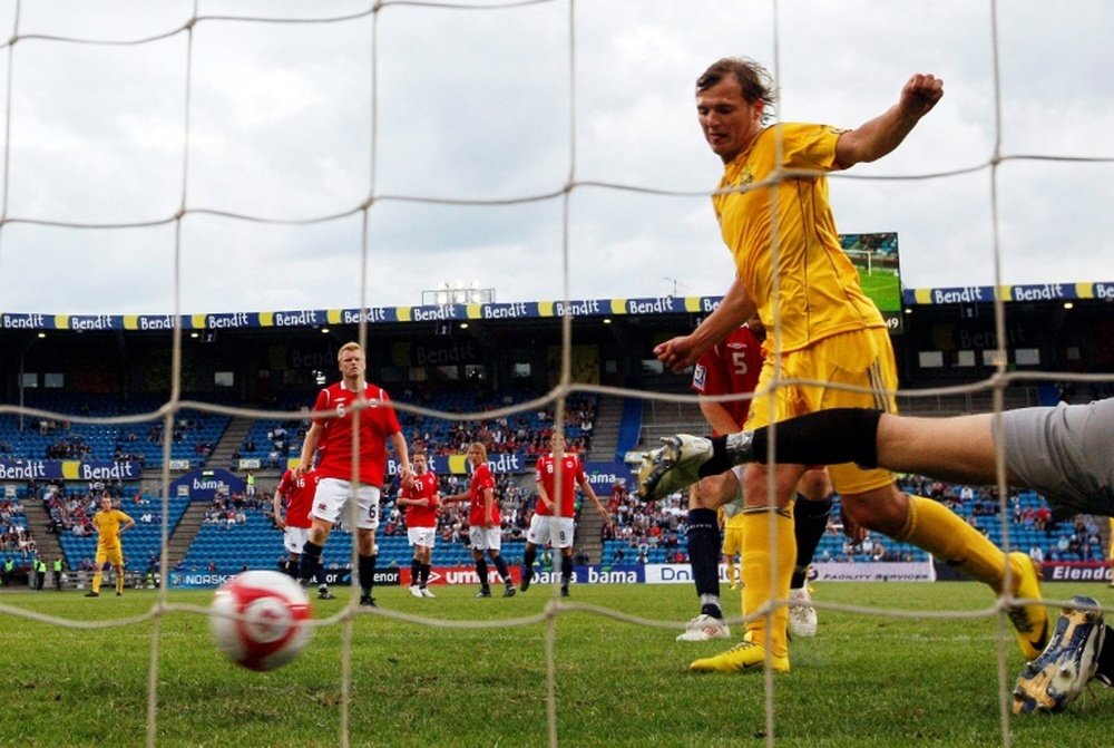 Roman Zozulya scoring with the national team of Ukraine. AFP