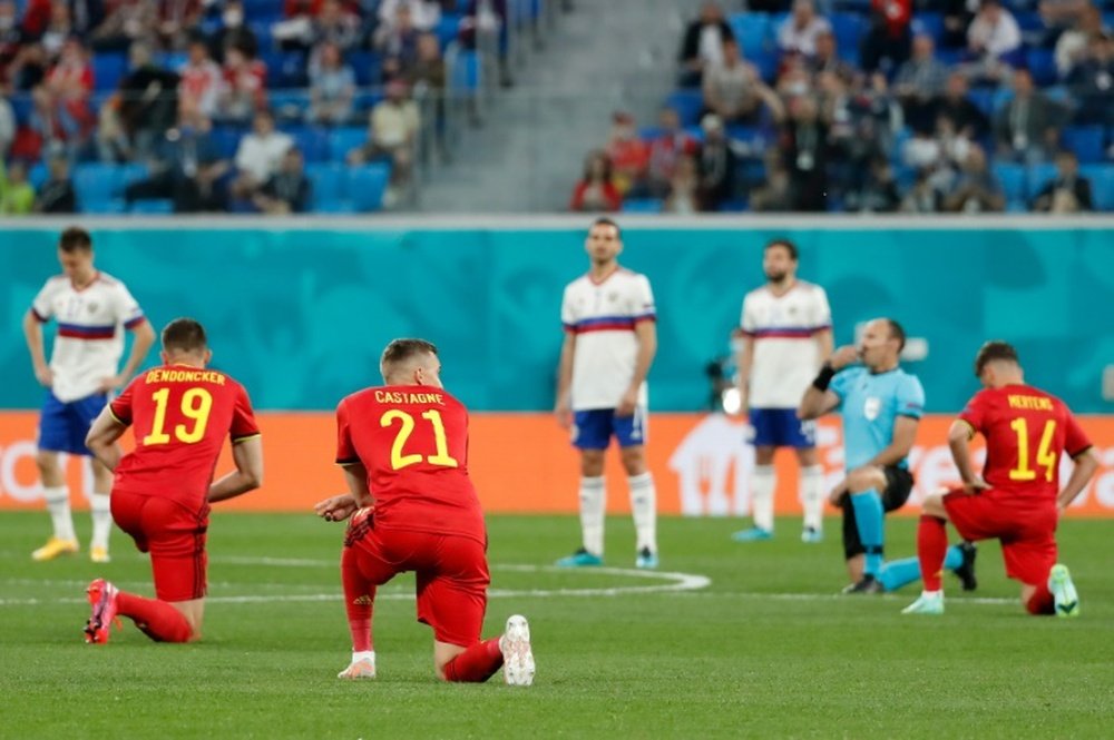 Belgiums players and the referee took the knee before Saturday's match against Russia. AFP