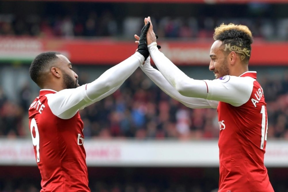Lacazette and Aubameyang saw off Stoke on Sunday. AFP