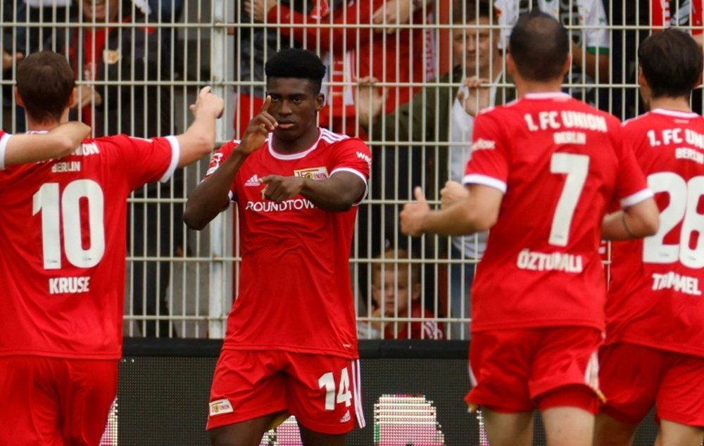 Union Berlins Nigerian striker Taiwo Awoniyi celebrates his goal on Sunday. AFP