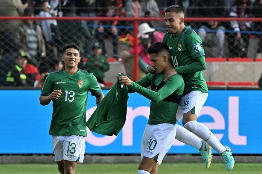 Forward Ramiro Vaca celebrates scoring Bolivia's opening goal World Cup qualfying match. AFP