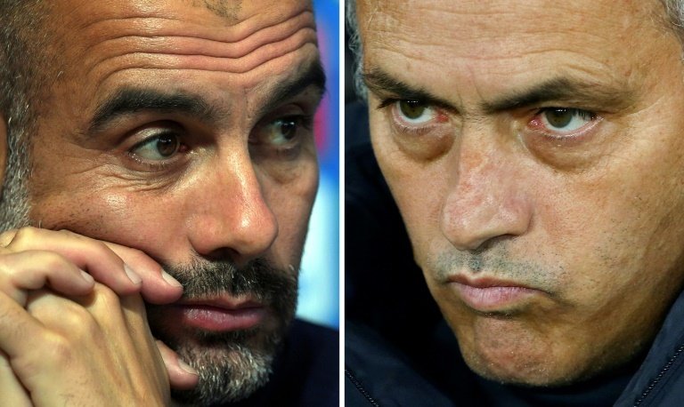 Guardiola (L) praised Mourinho ahead of big game on Sunday. AFP