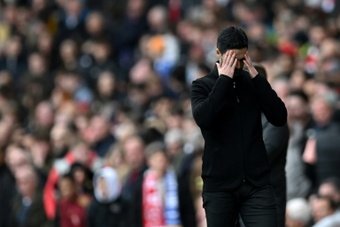 Arsenal manager Mikel Arteta on the touchline during a 2-1 defeat by Brighton at the Emirates. AFP
