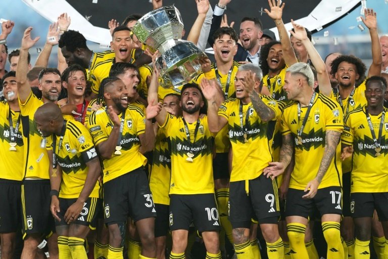 The Columbus Crew lift the Leagues Cup trophy after their 3-1 victory over Los Angeles FC. AFP