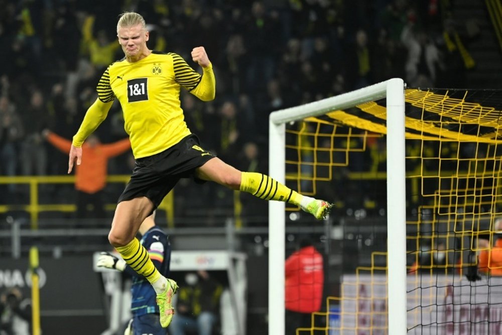 Erling Haaland celebrates his second goal for Dortmund on Wednesday. AFP