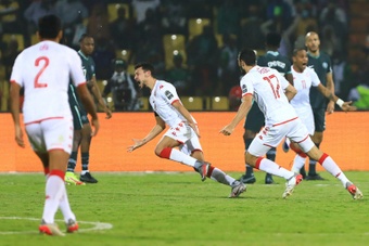 Youssef Msakni celebrates after scoring to give Tunisia a shock AFCON last-16 victory. AFP
