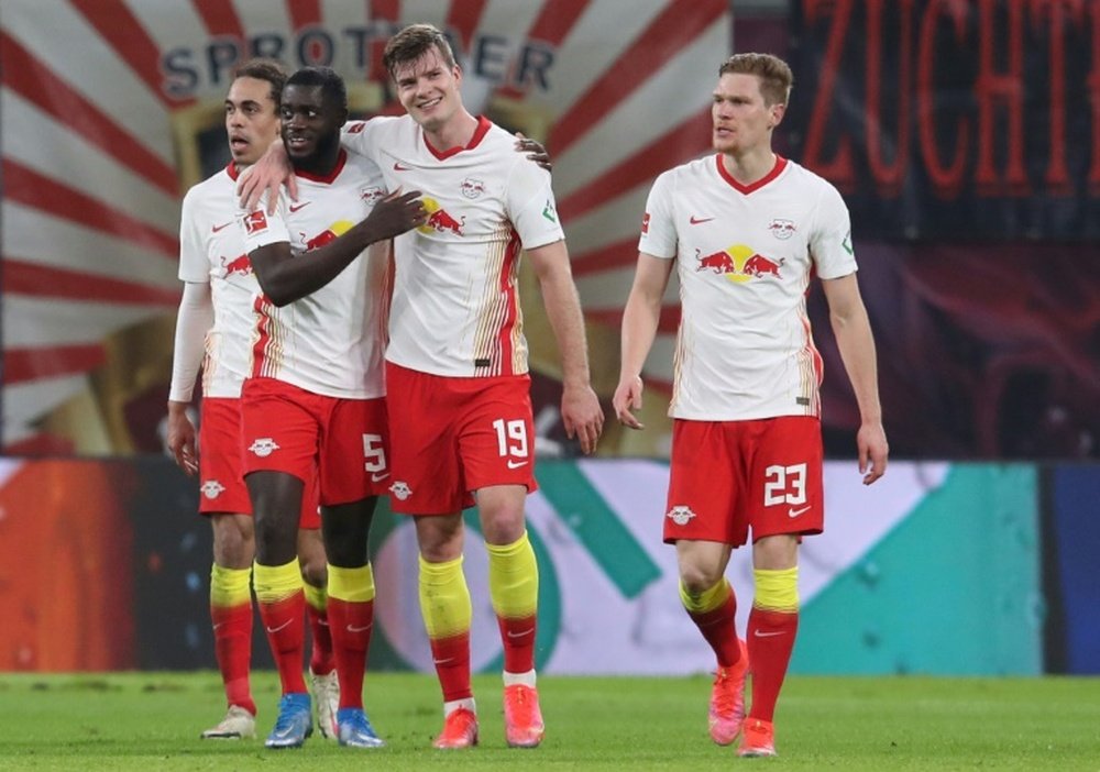 Alexander Sorloth (C) scored the winner as Leipzig defeated Gladbach 3-2. AFP