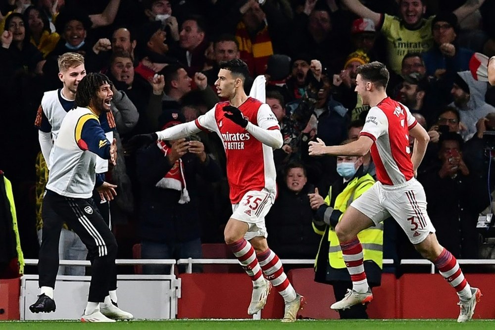 Arsenal's Gabriel Martinelli celebrates scoring against West Ham. AFP