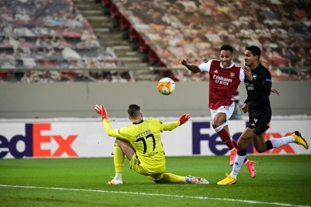 Aubameyang scored twice to send Arsenal into the Europa League last 16. AFP