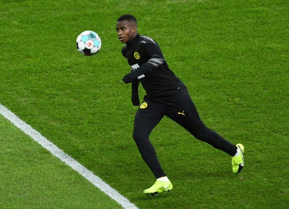 Youssoufa Moukoko warms up before making his Borussia Dortmund debut on Saturday. AFP