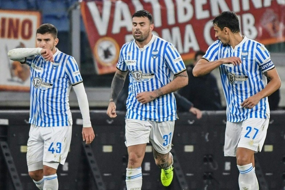 Andrea Petagna (C) has now netted in four straight matches for SPAL. AFP
