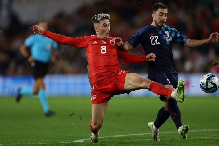 Wilson (L) scored twice as Wales shocked Croatia 2-1. AFP