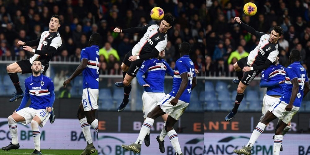 Cristiano Ronaldo jumped 2.16 metres off the ground to score v Sampdoria. AFP