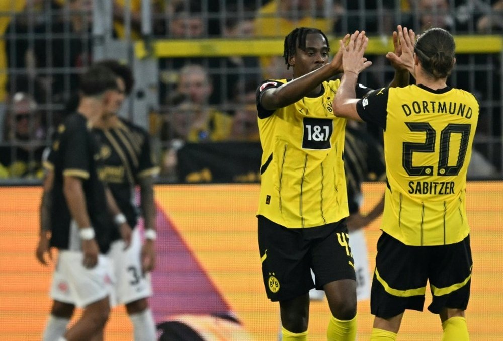Borussia Dortmund forward Jamie Gittens (L) scored a double on Saturday. AFP
